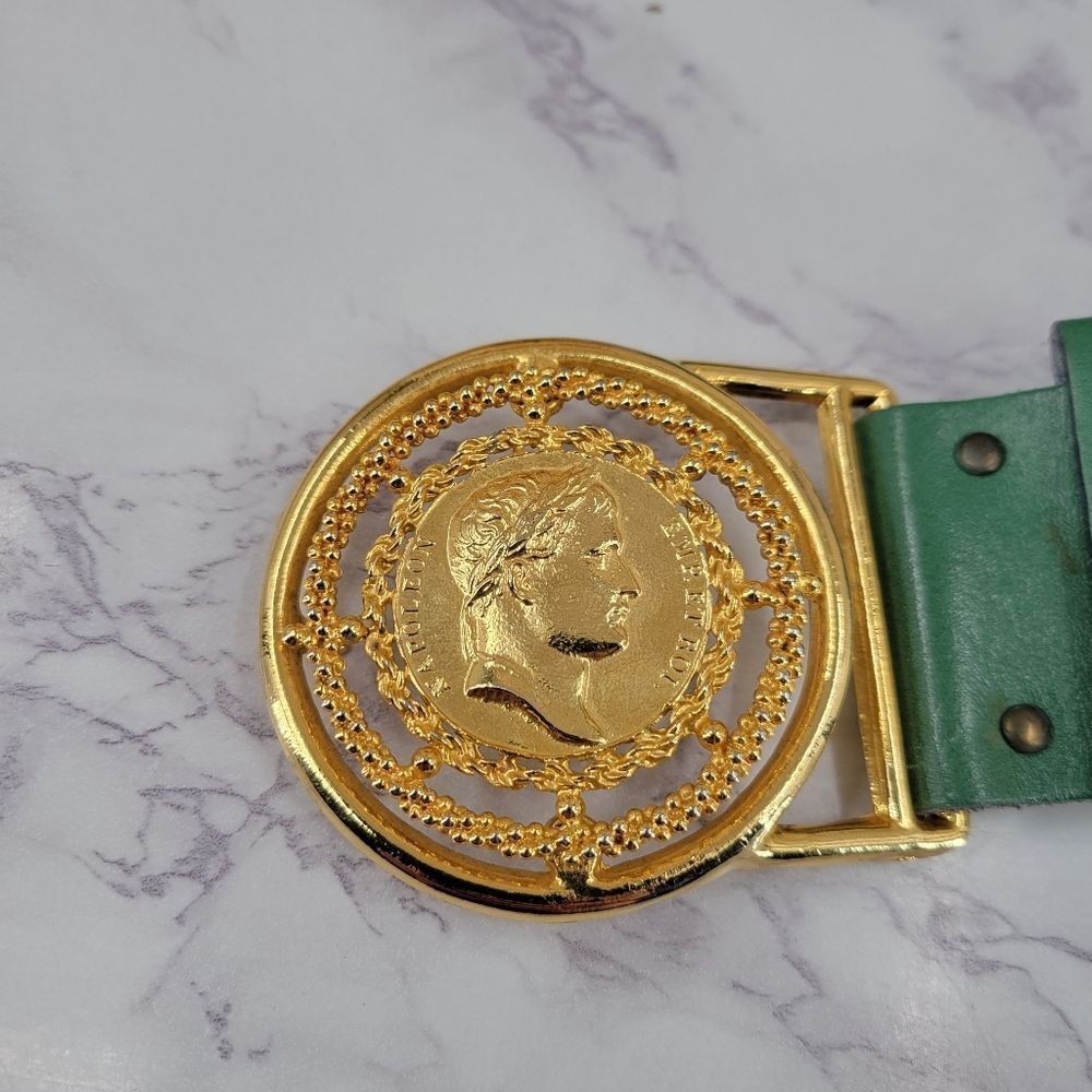 Vintage Green Leather Statement Belt with Gold Napoleon Coin Medallion - Picture 11 of 16